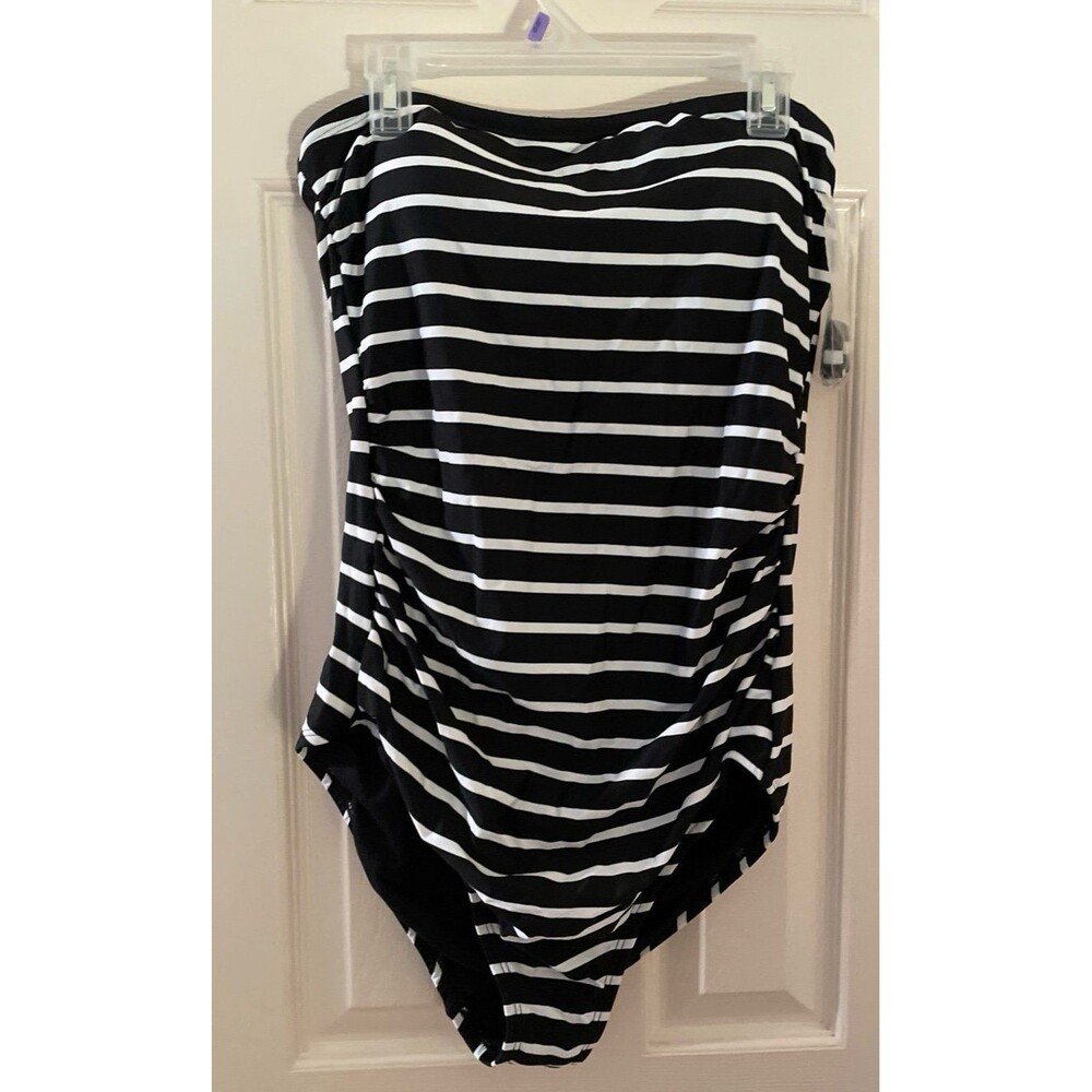 Kona Sol Women’s Large 1pc swimsuit Black White stripes New